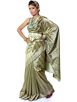 Green and Beige Banarasi Sari