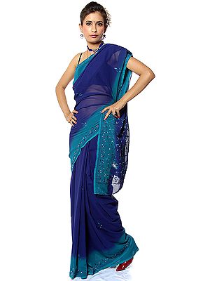 Navy-Blue Sari with Sequins and Threadwork