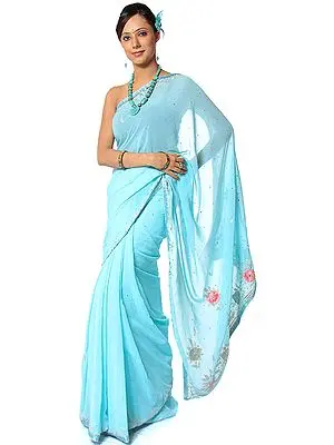 Sky-Blue Sari from Mysore with Gota Border and Floral Embroidery