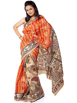 Orange Sari from Kolkata with Folk Print