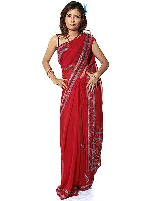 Maroon Sari with Sequins Embroidered as Flowers