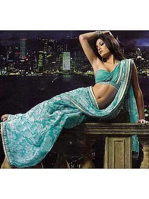 Aqua Crinkled Sari with Printed Flowers And Gota Border