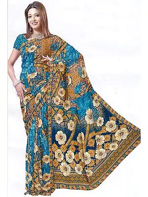 Teal and Mustard Sari with Printed Flowers