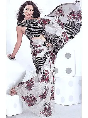 White Sari with Printed Flowers And Design in Self