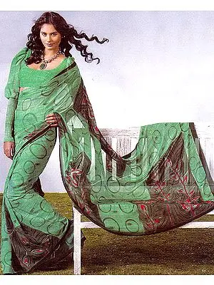 Green Printed Chiffon Sari