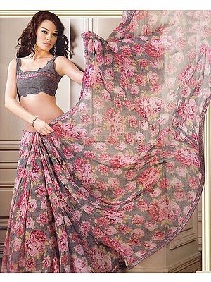 Gray Sari with Printed Flowers in Pink And Patch Border