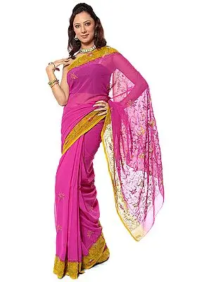 Purple Sari with Parsi Embroidered Flowers on Border and Anchal
