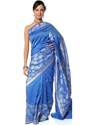Royal Blue Valkalam Banarasi Sari with Wide Floral Border