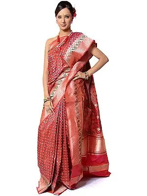 Cerise Jamdani Sari Hand-woven in Banaras
