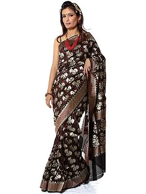Black Banarasi Sari with Hand-woven Flowers All-Over