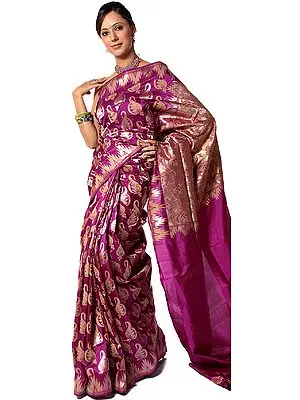 Purple Jamdani Sari from Banaras with Hand-Woven Paisleys in Golden and Jute Thread