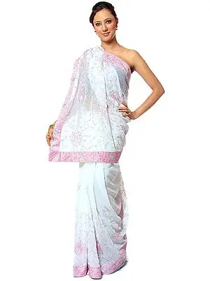 Ivory and Pink Sari with Embroidered Sequins
