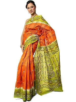 Green and Orange Hand-Embroidered Kantha Sari from Bengal