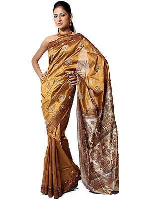 Golden Banarasi Sari with Beadwork and Sequins