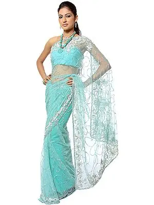 Aqua Sari with Sequins and Intricate Embroidery by Hand