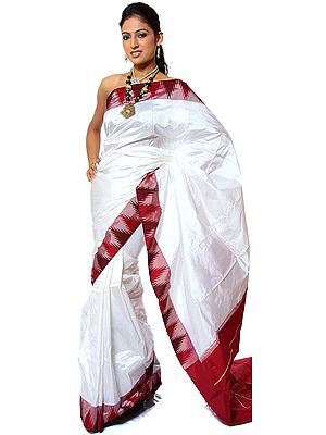 Plain White Kanjivaram Sari with Temple Border