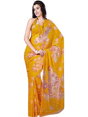 Apricot-Orange Sari with Floral Print and Bootis