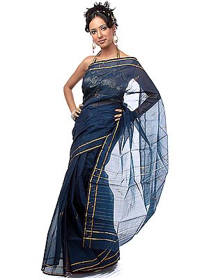 Indigo-Blue Chanderi Sari with Golden Border