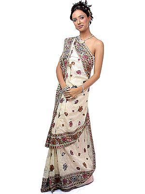 Cream Wedding Sari with Parsi Embroidered Flowers All-Over