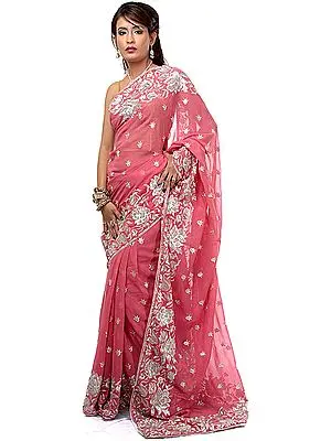 Rupture Rose Sari with Flowers Embroidered with Silver Thread and Sequins