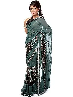 Jasper-Green and Brown Designer Sari with Flowers Embroidered and Embroidered Sequins