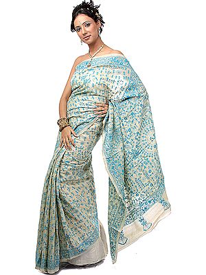 Beige Bengali Sari with Kantha Embroidered Warli Folk Motifs