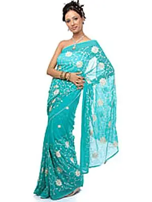 Sea-Green Sari with Large Flowers Embroidered All-Over