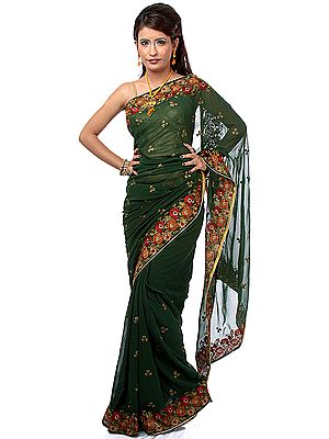 Dark-Green Sari with Parsi Embroidered Flowers on Border