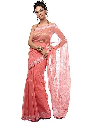 Rose-Pink Chikan Embroidered Sari from Lucknow with Sequins
