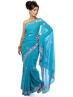 Sky-Blue Sari with Parsi Embroidered Flowers on Border