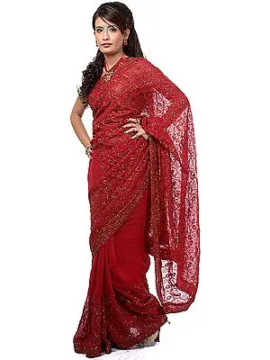 Red Georgette Sari with Antique Embroidery in Copper Thread