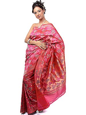 Fandango-Pink Sari from Banaras with All-Over Flowers Woven by Hand