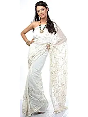 Ivory Sari with Sequins Embroidered As Flowers