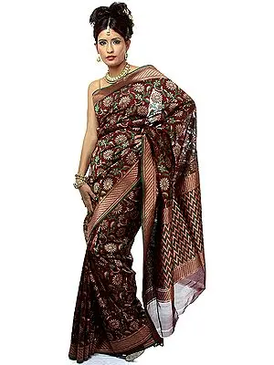Brown Jamdani Sari from Banaras with Woven Flowers in Copper Colored Thread