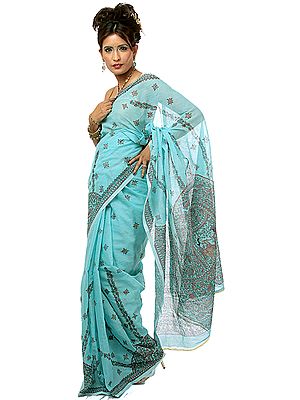 Sky-Blue Hand-Painted Folk Madhubani Sari from Bihar