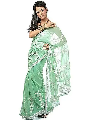 Light-Green Sari with Floral Embroidery and Beadwork