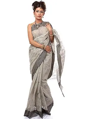 Gray Kantha Hand-Embroidered Sari from Bengal