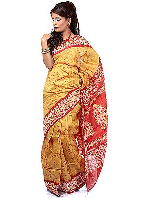 Amber and Red Batik Sari from Kolkata