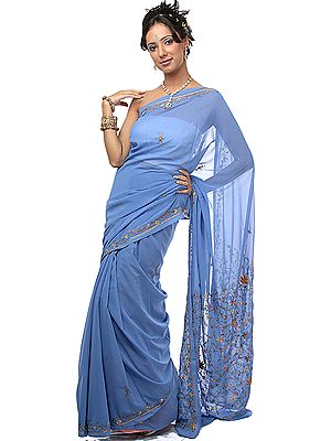 Riviera-Blue Sari with Parsi Embroidered Flowers