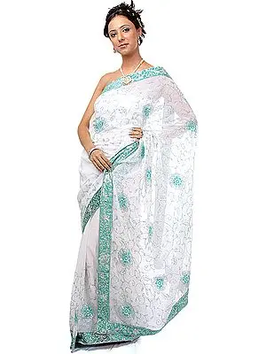 Ivory and Green Sari with Embroidered Sequins