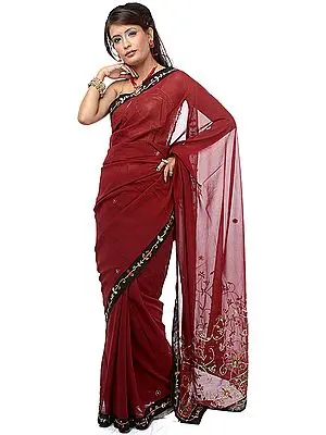 Tibetan-Red Sari with Embroidered Sequins