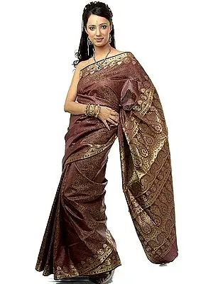 Cordovan Tanchoi Sari from Banaras with All-Over Golden Thread Weave