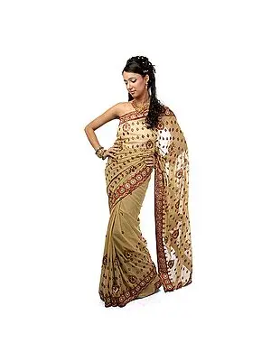 Beige Sari with Patch Border and Embroidered Bootis All-Over