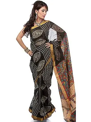 Black Kalamkari Sari from Andhra Pradesh with Painted Dancing Peacocks and Gayatri Mantra