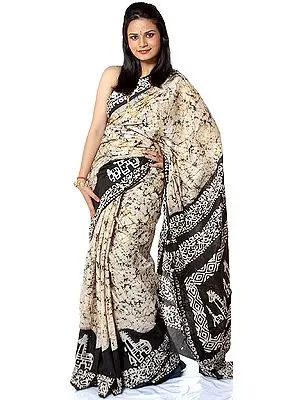 Ivory and Black Batik Sari from Kolkata