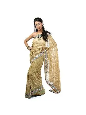 Khaki Sari with Parsi Embroidered Flowers All-Over