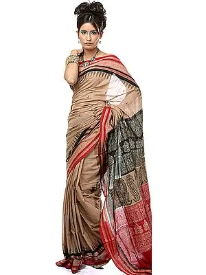Khaki Hand-woven Bomkai Sari from Orissa