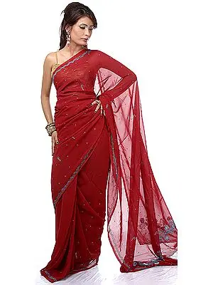 Maroon Sari with Cyan Sequins Embroidered as Flowers