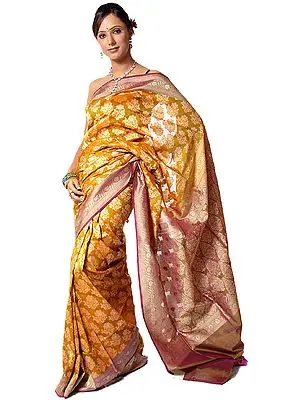 Amber Jamdani Sari from Banaras with Woven Bootis All-Over