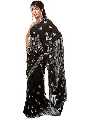 Black Sari with Sequins Embroidered as Flowers